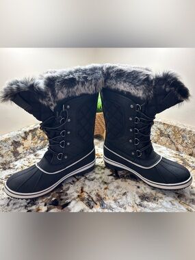 Global Win Black Faux Fur-Trim Winter Lace-Up Boots